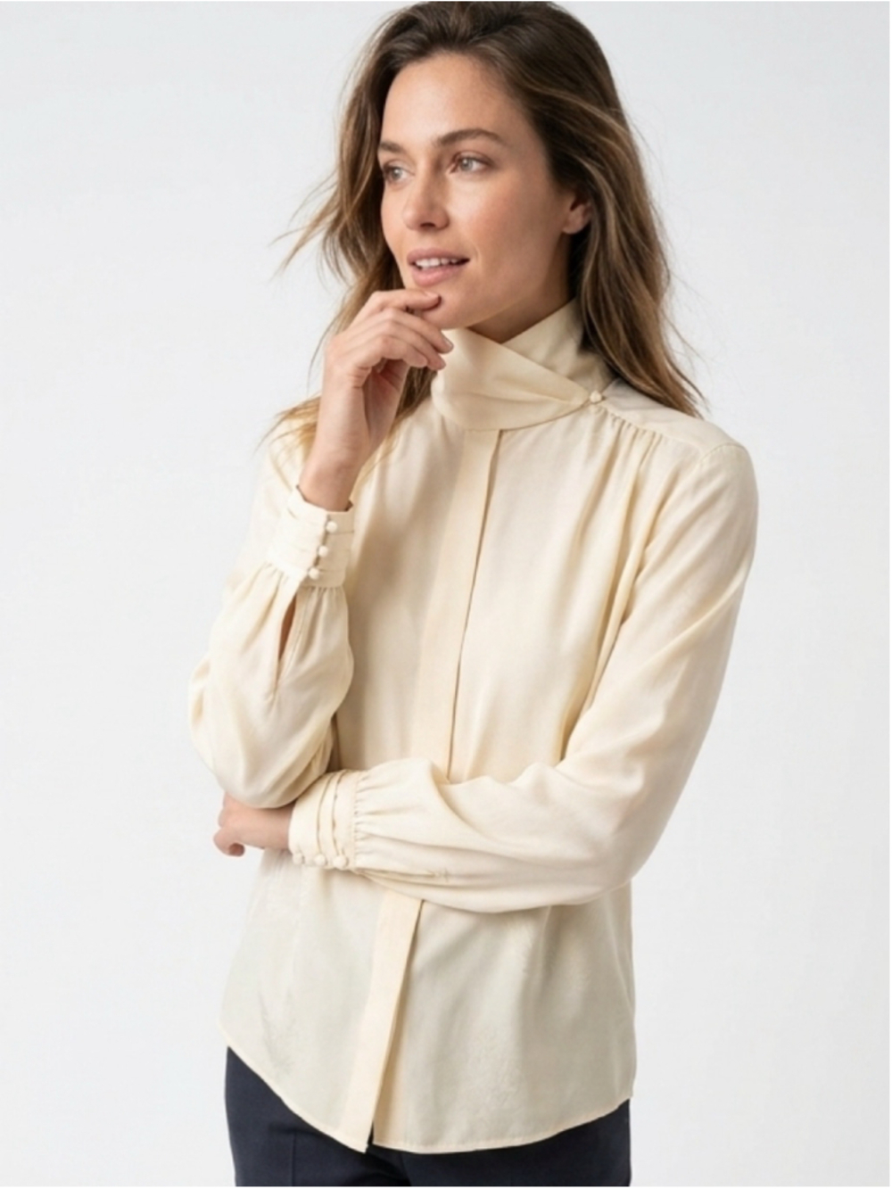 Women's Vintage Rena Rowan Saville Petite High-Neck Blouse Cream Size 10P 811